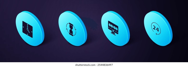 Establecer reloj isométrico 24 horas, en el monitor, reloj de arena viejo e icono. Vector
