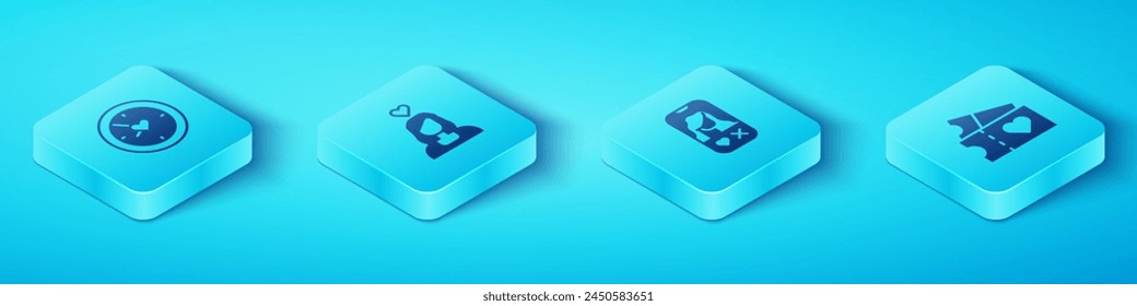 Set Isometric Clock with heart, Couple in love, Love ticket and Dating app online icon. Vector