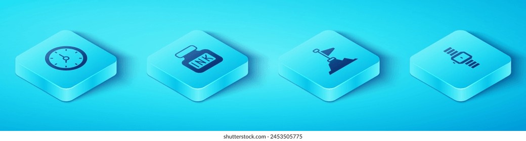 Set Isometric Clock, Inkwell, Wrist watch and Mountains with flag on top icon. Vector