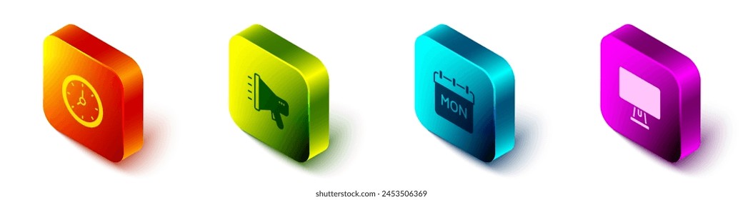 Set Isometric Clock, Megaphone, Calendar and Computer monitor icon. Vector