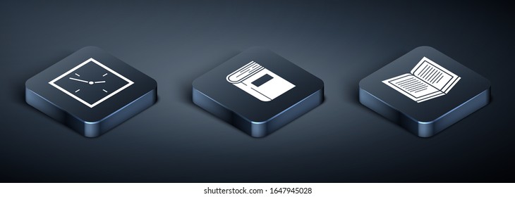 Set Isometric Clock, Open book and Book icon. Vector