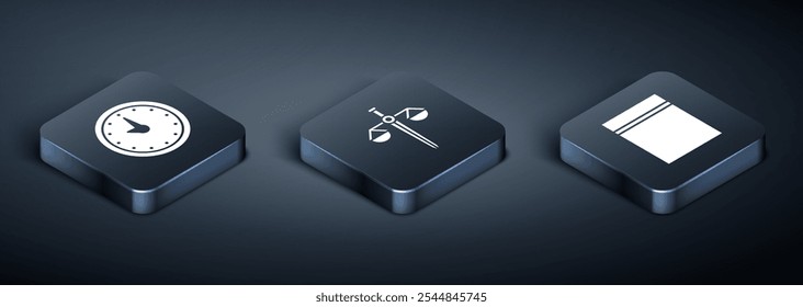 Set Isometric Clock, Plastic bag with ziplock and Scales of justice icon. Vector