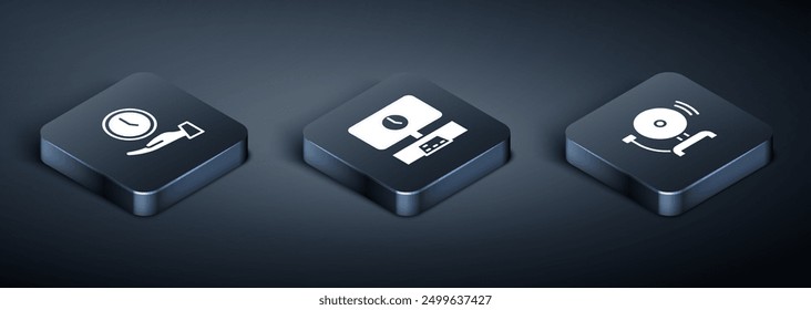Set Isometric Clock, Ringing alarm bell and Smart Tv time icon. Vector