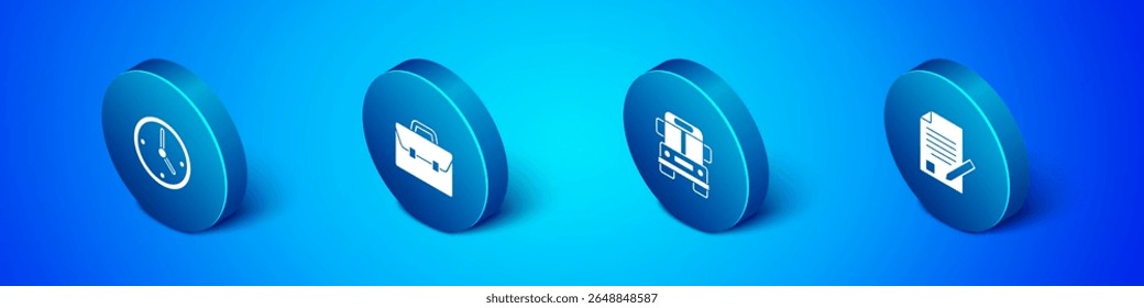 Set Isometric Clock, School Bus, Exam sheet and pencil and Briefcase icon. Vector