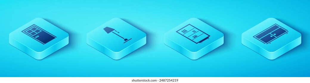 Set Isometric Closed door, Floor lamp, Chest of drawers and Library bookshelf icon. Vector