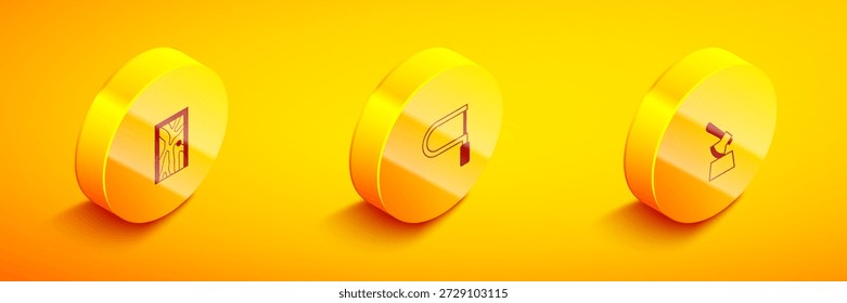 Conjunto de puerta cerrada isométrica, sierra y hacha de madera en el icono del tocón. Vector