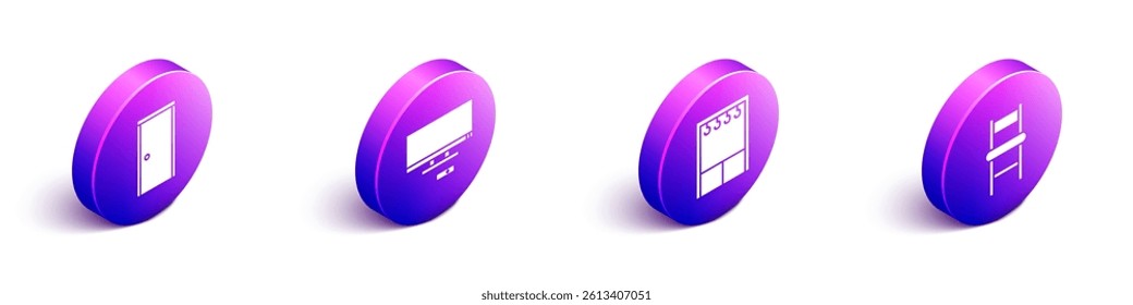 Set Isometric Closed door, Smart Tv, Wardrobe and Chair icon. Vector