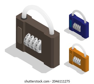 Isometrietrie-Sperrschlösser mit Passwortkombination für starken Schutz. Realistische 3D-Vektorgrafik einzeln auf weißem Hintergrund