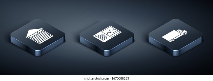 Set Isometric Closed warehouse , Delivery cargo truck vehicle  and Postcard  icon. Vector