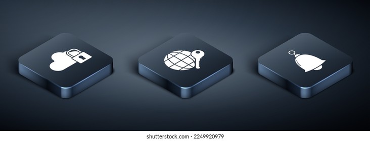 Set Isometric Cloud computing lock , Ringing bell  and Globe key  icon. Vector