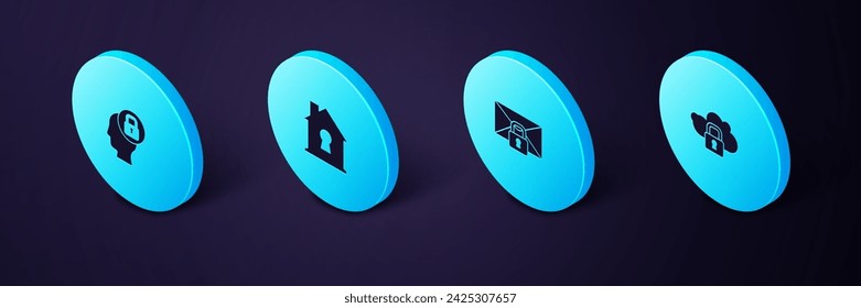 Set Isometric Cloud computing lock, Mail message password, House under protection and Human head with icon. Vector