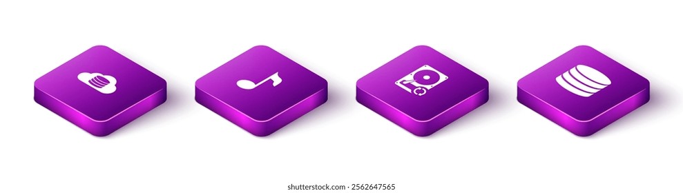 Set Isometric Cloud database, Music note, tone, Hard disk drive HDD sync refresh and Database icon. Vector