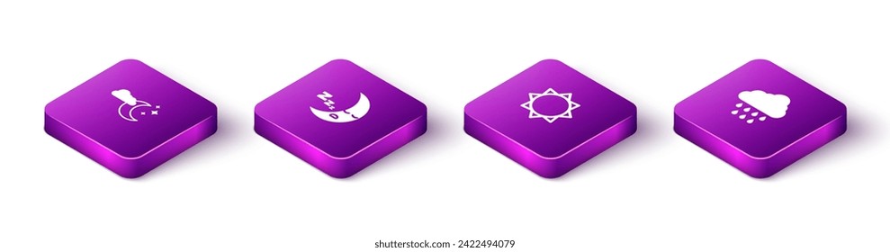 Set Isometric Cloud with moon and stars, Moon icon, Sun and rain icon. Vector