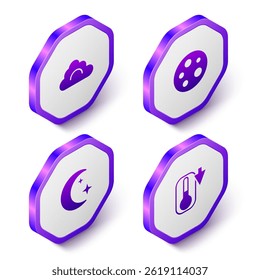 Set Isometric Cloud, Moon, and stars and Thermometer icon. Purple hexagon button. Vector