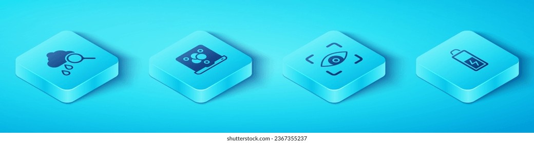 Set Isometric Cloud with rain, Chemical formula, Battery and Eye scan icon. Vector