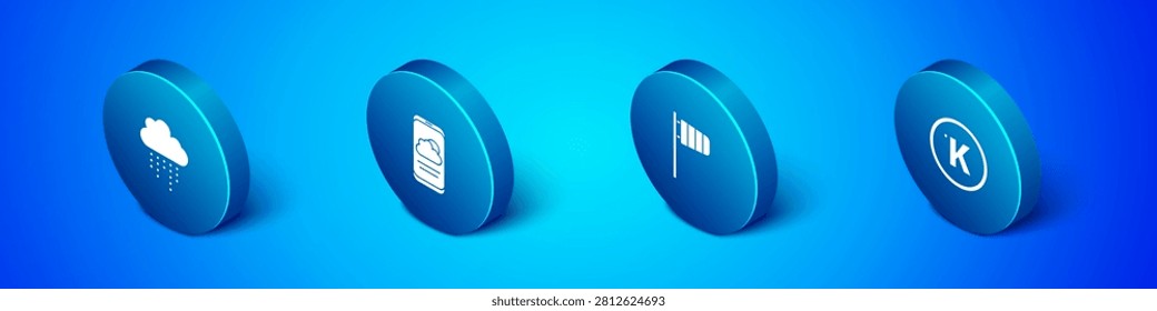 Set Isometric Cloud with rain, Cone windsock wind vane, Kelvin and Weather forecast icon. Vector