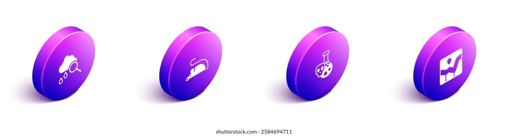 Set Isometric Cloud with rain, Experimental mouse, Test tube toxic liquid and Graph chart infographic icon. Vector