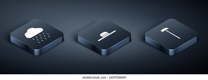 Set Isometric Cloud with rain, Hammer and Worker hat icon. Vector