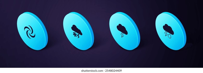 Set Isometric Cloud with rain and lightning, Storm, snow and Tornado icon. Vector