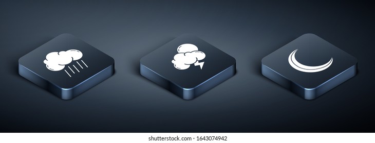 Set Isometric Cloud with rain, Moon and stars and Storm icon. Vector