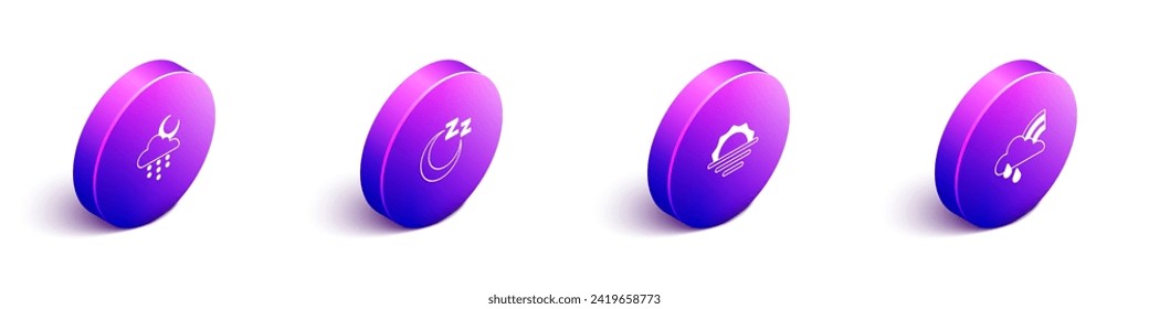 Set Isometric Cloud with rain and moon, Time to sleep, Sunrise and Rainbow cloud icon. Vector