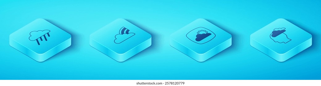 Set Isometric Cloud with rain, Rainbow clouds, Man having headache and Weather forecast icon. Vector