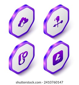 Set Isometric Cloud with rain, Rooster weather vane, Thermometer and Lightning bolt icon. Purple hexagon button. Vector