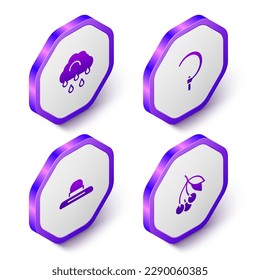 Set Isometric Cloud with rain, Sickle, Farmer worker hat and Fresh berries icon. Purple hexagon button. Vector