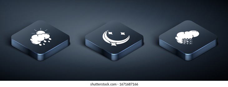Set Isometric Cloud with rain and sun, Cloud with snow and Moon and stars icon. Vector