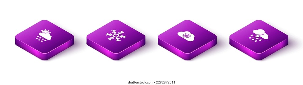Set Isometric Cloud with snow and sun, Snowflake,  and rain lightning icon. Vector