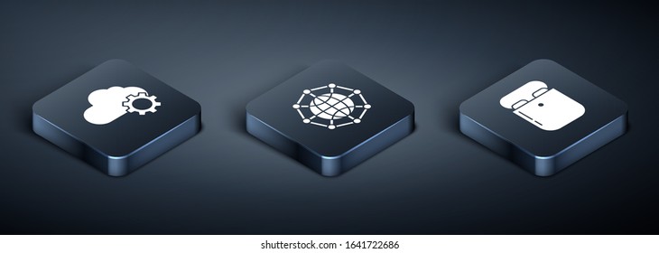 Set Isometric Cloud technology data transfer and storage, Air headphones in box and Global technology or social network icon. Vector