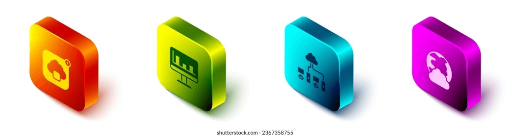 Set Isometric Cloud technology data transfer, Monitor with graph chart, Computer network and Social icon. Vector