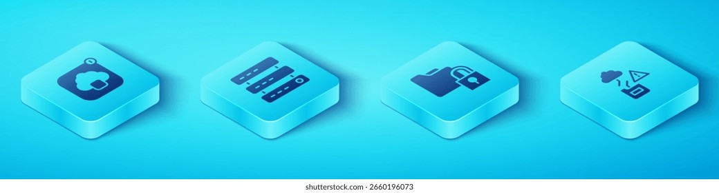Definir transferência de dados de tecnologia da Nuvem Isométrica, Servidor, Dados, Hospedagem na Web e ícone de Pasta e cadeado. Vetor