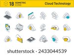 Set of isometric cloud technology icons isolated on white background. Computing, Computer cloud and Cloud Hosting. Contains such Icons as Data Sync, Transfer, Cloud Settings and more.