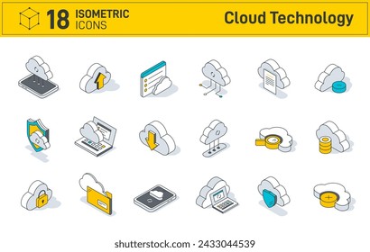 Set of isometric cloud technology icons isolated on white background. Computing, Computer cloud and Cloud Hosting. Contains such Icons as Data Sync, Transfer, Cloud Settings and more.