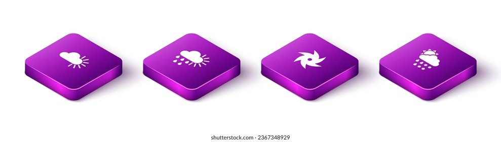 Set Isometric Cloudy, with rain and sun, Tornado and snow, rain, icon. Vector