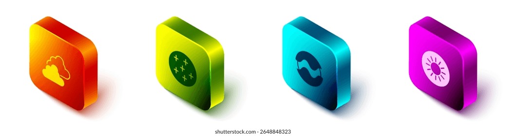 Set Isometric Cloudy weather, Full moon, Planet and Sun icon. Vector
