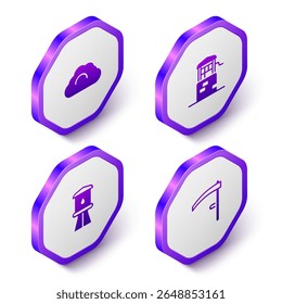 Ajuste o tempo nublado isométrico, Bem, Torre de água e ícone Scythe. Botão hexágono roxo. Vetor