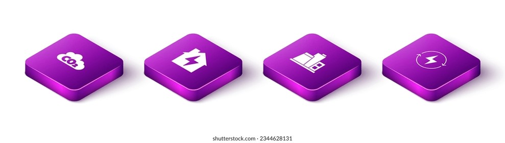 Set Isometric CO2 emissions in cloud, House and lightning, Factory and Lightning bolt icon. Vector