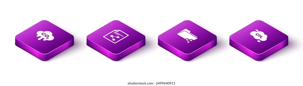 Set Isometric CO2 emissions in cloud, Share file, folder and Methane reduction icon. Vector