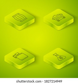 Set Isometric Coal mine trolley, Canteen water bottle, Money bag and Gun powder barrel icon. Vector