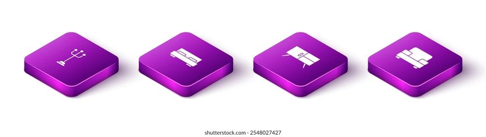 Set Isometric Coat stand, Big bed, Chest of drawers and Armchair icon. Vector