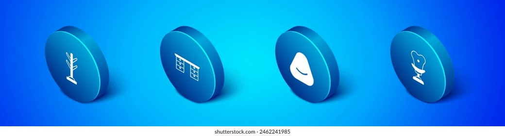 Conjunto de Isometric Coat stand, Puf, Sillón y escritorio de oficina icono. Vector