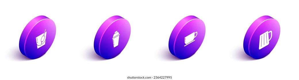 Set Isometric Cocktail Bloody Mary, shaker, Coffee cup and Wooden beer mug icon. Vector