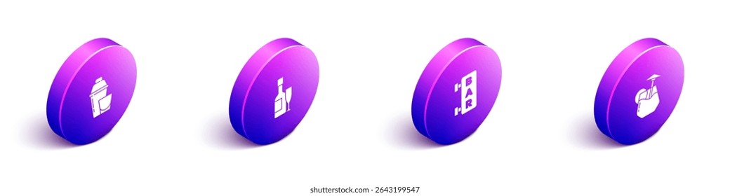 Set Isometric Cocktail shaker, Champagne bottle and glass, Street signboard with Bar and  icon. Vector