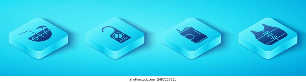 Set Isometric Coconut cocktail, Please do not disturb, Life jacket and Soda can icon. Vector