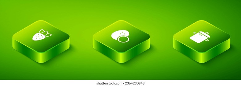 Set Isometric Coconut, Cooking pot and Strawberry icon. Vector
