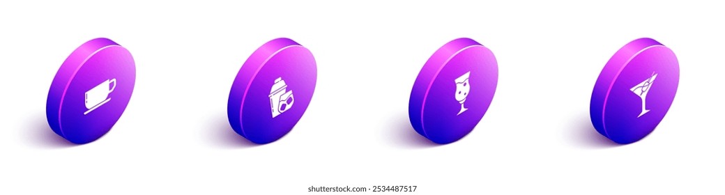 Set Isometric Coffee cup, Cocktail shaker, Glass beer and Martini glass icon. Vector