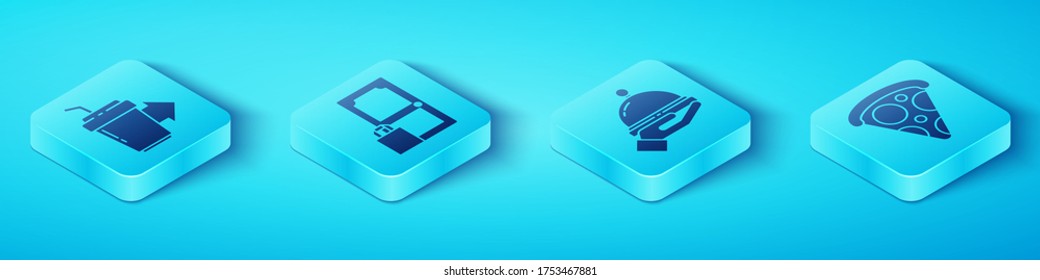 Set Isometric Coffee cup to go, Online ordering and delivery, Slice of pizza and Covered with a tray of food icon. Vector