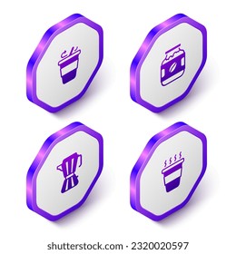 Set Isometric Coffee cup to go, jar bottle, maker moca pot and  icon. Purple hexagon button. Vector